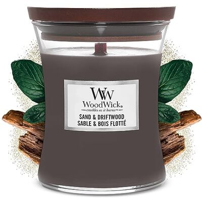 WoodWick Medium Hourglass-geurkaars met knapperende lont Sand & Driftwood Tot wel 60 uur brandtijd WoodWick Medium Hourglass-geurkaars met knapperende lont Sand & Driftwood Tot wel 60 uur brandtijd