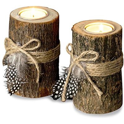 levandeo Set van 2 theelichthouders van hout, hoogte 12 cm, kandelaar, veren, boomstam levandeo Set van 2 theelichthouders van hout, hoogte 12 cm, kandelaar, veren, boomstam