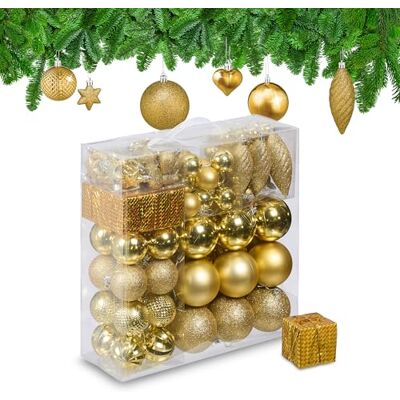 Relaxdays kerstballen, 110 stuks, kunststof, D: 6 cm, goudkleurig kerstboomversiering, met slinger Relaxdays kerstballen, 110 stuks, kunststof, D: 6 cm, goudkleurig kerstboomversiering, met slinger