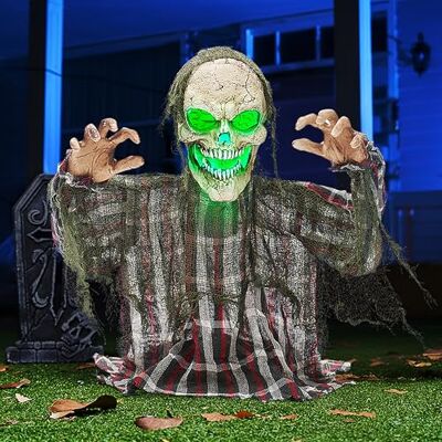 JOYIN Animatronische decoraties voor buiten, geanimeerde zombie-begraafplaats decoratie, 63,5 cm, skeletaccessoire bodembreker met beweegbare armen en groen licht, decoratie JOYIN Animatronische decoraties voor buiten, geanimeerde zombie-begraafplaats decoratie, 63,5 cm, skeletaccessoire bodembreker met beweegbare armen en groen licht, decoratie