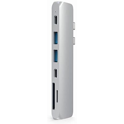 SATECHI 7-in-1 Dual USB C Pro Hub met PD opladen 87 W, HDMI 4K @60Hz, USB-C gegevens 40 Gbps, 2 x USB-A 5 Gbps en SD/MicroSD-speler voor MacBook Air/Pro/Neo en Plus zilver SATECHI 7-in-1 Dual USB C Pro Hub met PD opladen 87 W, HDMI 4K @60Hz, USB-C gegevens 40 Gbps, 2 x USB-A 5 Gbps en SD/MicroSD-speler voor MacBook Air/Pro/Neo en Plus zilver