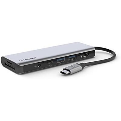 Belkin 7-in-1 USB-C multiport-adapter (met 4K HDMI, USB-C, 2x USB A, 3,5 mm audio, SD 3.0 en Micro-SD 3.0, voor MacBook Pro, MacBook Air, iPad Pro, XPS, enz.) AVC009BTSGY zwart Belkin 7-in-1 USB-C multiport-adapter (met 4K HDMI, USB-C, 2x USB A, 3,5 mm audio, SD 3.0 en Micro-SD 3.0, voor MacBook Pro, MacBook Air, iPad Pro, XPS, enz.) AVC009BTSGY zwart