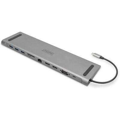 Digitus USB-C laptop docking station 11 poorten 2x HDMI, 1x VGA Ultra HD 4k30Hz 3x USB 3.0, 1x USB Type-C RJ45 LAN, audio jack, kaartlezer zilver Digitus USB-C laptop docking station 11 poorten 2x HDMI, 1x VGA Ultra HD 4k30Hz 3x USB 3.0, 1x USB Type-C RJ45 LAN, audio jack, kaartlezer zilver