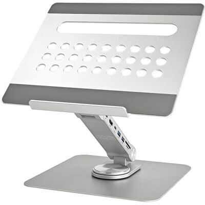 Ewent Bureaulaptopstandaard van aluminiumlegering, 7-in-1 dockingstation met USB-C-kabel, in hoogte verstelbare ergonomische verhoging met 360 graden rotatie, basis Ewent Bureaulaptopstandaard van aluminiumlegering, 7-in-1 dockingstation met USB-C-kabel, in hoogte verstelbare ergonomische verhoging met 360 graden rotatie, basis