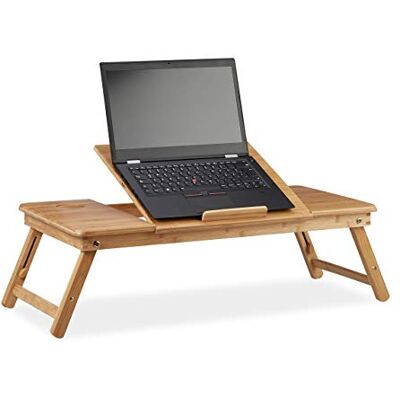 Relaxdays , Natur Laptoptafel van bamboe, XL, ideale ventilatie, in hoogte verstelbaar, 5 hellingshoeken, met lade, standaard Relaxdays , Natur Laptoptafel van bamboe, XL, ideale ventilatie, in hoogte verstelbaar, 5 hellingshoeken, met lade, standaard
