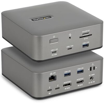 StarTech . com Thunderbolt 5 dockingstation, DP/HDMI, drievoudige monitor docking station tot 4K 144Hz of Dual 8K 60Hz, 5 USB-poorten, 140 W laptop opladen StarTech . com Thunderbolt 5 dockingstation, DP/HDMI, drievoudige monitor docking station tot 4K 144Hz of Dual 8K 60Hz, 5 USB-poorten, 140 W laptop opladen