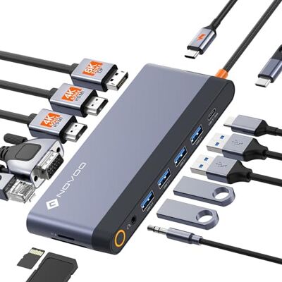 NOVOO Docking Station Dual Monitor, USB C Hub Dual HDMI 4K 60Hz, Displayport, VGA, Gigabit Ethernet, PD 100W, USB x5, SD/TF en 3,5 mm audio, docking station voor MacBook HP Lenovo Dell NOVOO Docking Station Dual Monitor, USB C Hub Dual HDMI 4K 60Hz, Displayport, VGA, Gigabit Ethernet, PD 100W, USB x5, SD/TF en 3,5 mm audio, docking station voor MacBook HP Lenovo Dell