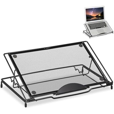 Relaxdays Opvouwbare laptop- en tabletstandaard tot 14 inch, 3 hoeken van staalgaas, zwart Relaxdays Opvouwbare laptop- en tabletstandaard tot 14 inch, 3 hoeken van staalgaas, zwart