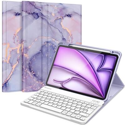 FINTIE Toetsenbord voor iPad Air 11 inch M4/M3/M2 (2026/2025/2024) en iPad Air 5/4 10,9 inch (2022/2020), draadloos AZERTY-toetsenbord, multipositie hoes met penopslag, marmer lila FINTIE Toetsenbord voor iPad Air 11 inch M4/M3/M2 (2026/2025/2024) en iPad Air 5/4 10,9 inch (2022/2020), draadloos AZERTY-toetsenbord, multipositie hoes met penopslag, marmer lila