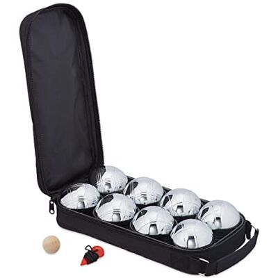 Relaxdays Set van 8 metalen petanqueballen metaal met varken en afstandsmeter draagtas jeu de boules spel zilver/zwart 70% staal en 30% nylon Relaxdays Set van 8 metalen petanqueballen metaal met varken en afstandsmeter draagtas jeu de boules spel zilver/zwart 70% staal en 30% nylon