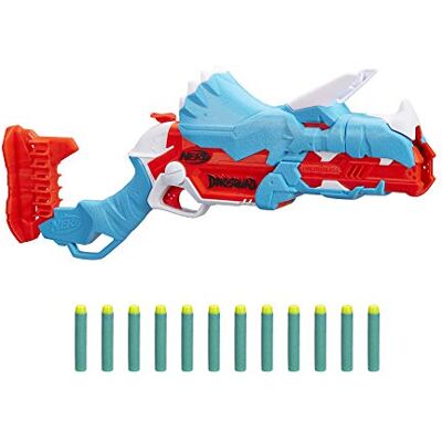 Nerf DinoSquad Tricera Blaster, 3-dart lader, 12 darts, darts-opslag, dinosaurus, triceratops design, F0803EU4, veelkleurig, 6,4 x 54,6 x 24,1 cm Nerf DinoSquad Tricera Blaster, 3-dart lader, 12 darts, darts-opslag, dinosaurus, triceratops design, F0803EU4, veelkleurig, 6,4 x 54,6 x 24,1 cm