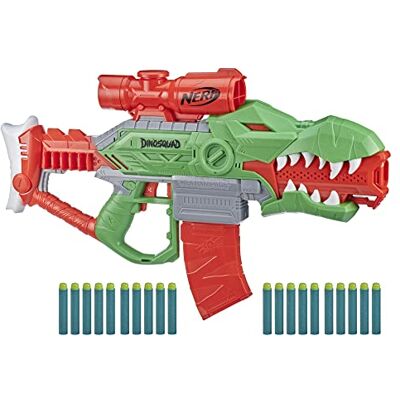 Nerf DinoSquad Rex-Rampage Blaster, 10 clips, 20 officiële darts, 10 darts, T-Rex dinosaurus-design Nerf DinoSquad Rex-Rampage Blaster, 10 clips, 20 officiële darts, 10 darts, T-Rex dinosaurus-design