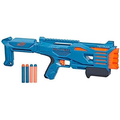Nerf Blaster Elite 2.0 Tetrad QS-4, inclusief 4 Elite darts, 4 vaten, tactische rail voor personalisatie, pompactie Nerf Blaster Elite 2.0 Tetrad QS-4, inclusief 4 Elite darts, 4 vaten, tactische rail voor personalisatie, pompactie