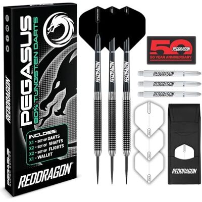 Dragon Pegasus24 gram professionele dartset van wolfraam met stalen punt, met vleugels, staven (staafjes) en portemonnee Dragon Pegasus24 gram professionele dartset van wolfraam met stalen punt, met vleugels, staven (staafjes) en portemonnee