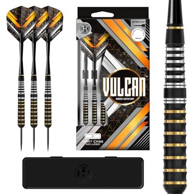 Harrows Vulcan Messing dartset met stalen punt van 22 g, 24 g of 26 g, met rubber bekleed lichaam met Speedline-schacht, Vulcan vinnen en darthouder, duurzame dartpijlen Harrows Vulcan Messing dartset met stalen punt van 22 g, 24 g of 26 g, met rubber bekleed lichaam met Speedline-schacht, Vulcan vinnen en darthouder, duurzame dartpijlen