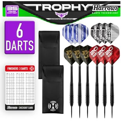 Harrows Trophy 25 stuks krachtige dartpijlen met 6 stalen punt darts met hoogwaardige grip, ultieme set met complete dartaccessoires: portefeuilles Harrows Trophy 25 stuks krachtige dartpijlen met 6 stalen punt darts met hoogwaardige grip, ultieme set met complete dartaccessoires: portefeuilles