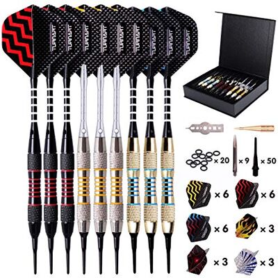 Turnart Set van 9 dartpijlen met kunststof punt, 18 g, met 50 extra punten, 20 rubberen ringen, 27 vleugels, 9 assen van polycarbonaat Turnart Set van 9 dartpijlen met kunststof punt, 18 g, met 50 extra punten, 20 rubberen ringen, 27 vleugels, 9 assen van polycarbonaat
