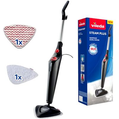 Vileda Steam Plus stoomreiniger met microvezelbekleding en PowerPad, verwijdert tot 99,9% bacteriën, eco-verpakking Vileda Steam Plus stoomreiniger met microvezelbekleding en PowerPad, verwijdert tot 99,9% bacteriën, eco-verpakking