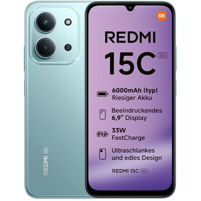 XIAOMI REDMI 15C 5G, smartphone 4 + 128 GB, 6,9 inch 120 Hz display, MediaTek Dimensity 6300 processor 6 nm Octa-Core, 50 MP AI Dual Camera, 6000 mAh, mintgroen, oplader niet inbegrepen XIAOMI REDMI 15C 5G, smartphone 4 + 128 GB, 6,9 inch 120 Hz display, MediaTek Dimensity 6300 processor 6 nm Octa-Core, 50 MP AI Dual Camera, 6000 mAh, mintgroen, oplader niet inbegrepen