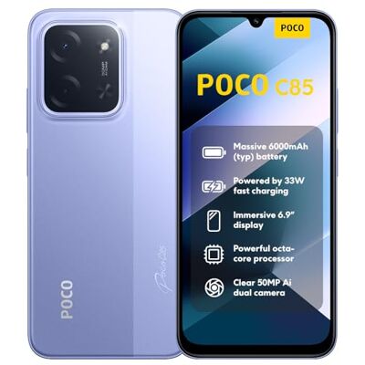 XIAOMI POCO C85, Smartphone 6 + 128 GB, 6,9 inch 120 Hz display 7,99 mm design, MediaTek Helio G81-Ultra Octa-Core, 50 MP AI dual camera, 6000 mAh, paars, oplader niet inbegrepen XIAOMI POCO C85, Smartphone 6 + 128 GB, 6,9 inch 120 Hz display 7,99 mm design, MediaTek Helio G81-Ultra Octa-Core, 50 MP AI dual camera, 6000 mAh, paars, oplader niet inbegrepen