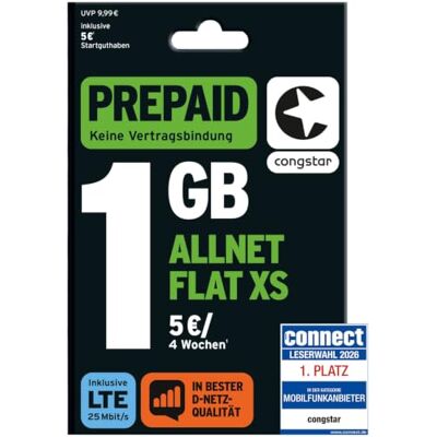 congstar Allnet XS Prepaid simkaart zonder contract I 1 GB € 5 starttegoed I D netwerkkwaliteit I 5G met 25 Mbit/s I telefoon en sms flat in alle Duitse netwerken I congstar Allnet XS Prepaid simkaart zonder contract I 1 GB € 5 starttegoed I D netwerkkwaliteit I 5G met 25 Mbit/s I telefoon en sms flat in alle Duitse netwerken I