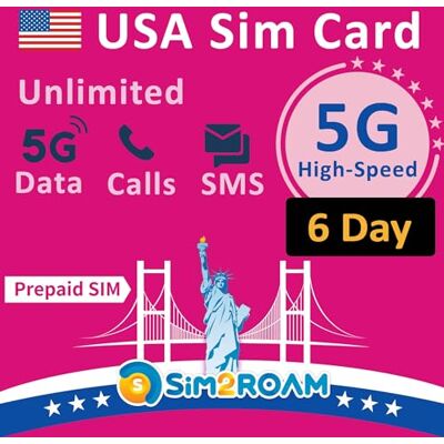 SIM2ROAM Prepaid simkaart voor de VS met onbeperkte 5G/4G LTE data in de VS (inclusief Hawaï), onbeperkt bellen en sms'en, navulbare kaart (6 dagen) SIM2ROAM Prepaid simkaart voor de VS met onbeperkte 5G/4G LTE data in de VS (inclusief Hawaï), onbeperkt bellen en sms'en, navulbare kaart (6 dagen)
