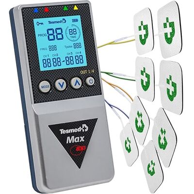 TESMED Max 830 Elektrostimulator TENS, EMS & Massage, 4 Kanalen 115 programma's, waarvan 20 personaliseerbaar, sequentiële stimulatie, oplaadbaar en 20 elektroden inbegrepen. TESMED Max 830 Elektrostimulator TENS, EMS & Massage, 4 Kanalen 115 programma's, waarvan 20 personaliseerbaar, sequentiële stimulatie, oplaadbaar en 20 elektroden inbegrepen.