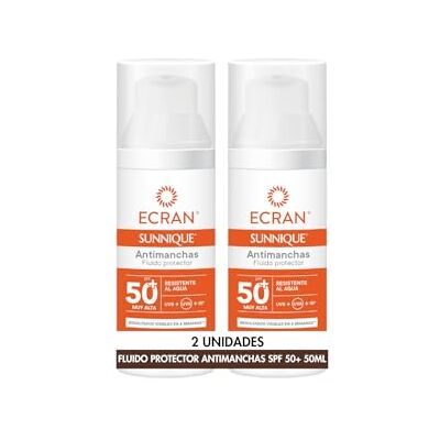 Ecran Sunnique Zonwering tegen vlekken SPF 50+ met niacidamine, beschermt tegen brandwonden, corrigeert onvolkomenheden, egaliseert de huidtint, formule met VitEox 80, verpakking van 2 x 50 ml Ecran Sunnique Zonwering tegen vlekken SPF 50+ met niacidamine, beschermt tegen brandwonden, corrigeert onvolkomenheden, egaliseert de huidtint, formule met VitEox 80, verpakking van 2 x 50 ml