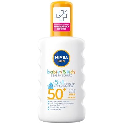 Beiersdorf Nivea Sun Kids Sensitiv Zonnespray spray (1 x 200 ml), SPF 50+, zonnelotion voor de gevoelige kinderhuid Beiersdorf Nivea Sun Kids Sensitiv Zonnespray spray (1 x 200 ml), SPF 50+, zonnelotion voor de gevoelige kinderhuid