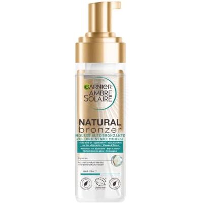 Ambre Solaire GARNIER Natural Bronzer, hydraterende zelfbruinende mousse, progressieve bruining op maat, met kokoswater en glycerine, veganistisch en dierproefvrij, gezicht en body, 200 ml Ambre Solaire GARNIER Natural Bronzer, hydraterende zelfbruinende mousse, progressieve bruining op maat, met kokoswater en glycerine, veganistisch en dierproefvrij, gezicht en body, 200 ml