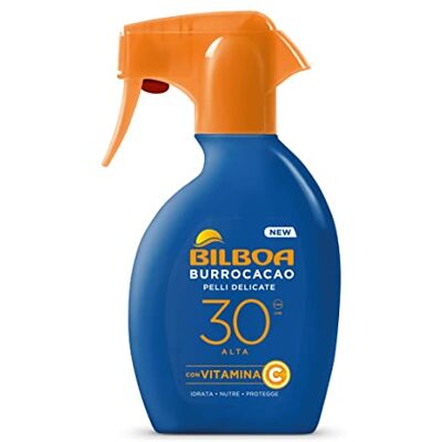 Bilboa Burrocacao Trigger SPF 30 zonnespray, hoge zonwering voor de gevoelige huid, formule met vitamine C, hydrateert, voedt en beschermt, dermatologisch getest, 250 ml Bilboa Burrocacao Trigger SPF 30 zonnespray, hoge zonwering voor de gevoelige huid, formule met vitamine C, hydrateert, voedt en beschermt, dermatologisch getest, 250 ml