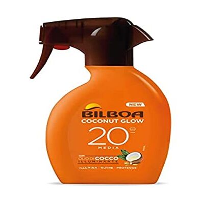 Bilboa , Glow zonnebrandcrème SPF 20, zonnebrandcrème spray met kokosolie en vitamine E, licht op de huid, waterbestendige zonwering, 250 ml Bilboa , Glow zonnebrandcrème SPF 20, zonnebrandcrème spray met kokosolie en vitamine E, licht op de huid, waterbestendige zonwering, 250 ml