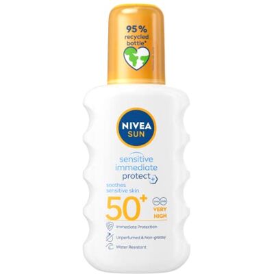 Protect and Sensitive Sun Zonnespray met SPF50 voor de gevoelige huid met aloë vera onmiddellijke bescherming tegen blootstelling aan de zon, 200 ml Protect and Sensitive Sun Zonnespray met SPF50 voor de gevoelige huid met aloë vera onmiddellijke bescherming tegen blootstelling aan de zon, 200 ml