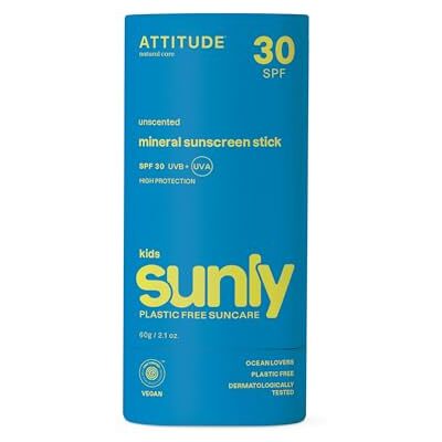 Attitude Mineral Sunscreen Stick voor kinderen, SPF 30, EWG geverifieerd, plasticvrij, breed spectrum UVA/UVB-bescherming met zinkoxide, dermatologisch getest, veganistisch, ongegraven, 60 g Attitude Mineral Sunscreen Stick voor kinderen, SPF 30, EWG geverifieerd, plasticvrij, breed spectrum UVA/UVB-bescherming met zinkoxide, dermatologisch getest, veganistisch, ongegraven, 60 g