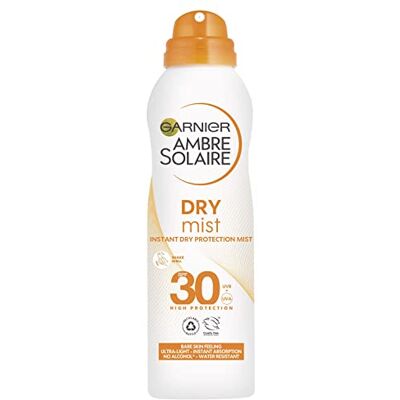 Garnier Ambre Solaire SPF 30 Dry Mist Sun Protection Spray, Waterbestendig, Ultra-Light en Non-Greasy, No White Cast, For All Skin Types, 200 ml Garnier Ambre Solaire SPF 30 Dry Mist Sun Protection Spray, Waterbestendig, Ultra-Light en Non-Greasy, No White Cast, For All Skin Types, 200 ml
