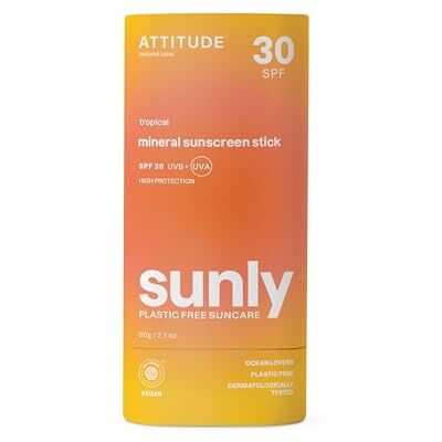 ATTITUDE Mineral Sunscreen Stick met zinkoxide, SPF 30, EWG geverifieerd, plasticvrij, breed spectrum UVA/UVB-bescherming, dermatologisch getest, veganistisch, tropisch, 60 g ATTITUDE Mineral Sunscreen Stick met zinkoxide, SPF 30, EWG geverifieerd, plasticvrij, breed spectrum UVA/UVB-bescherming, dermatologisch getest, veganistisch, tropisch, 60 g