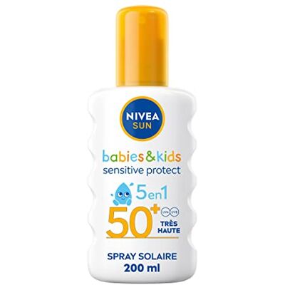 NIVEA SUN Kids Protect & Play Sensitive Zonnebrandspray, SPF 50+, 1 x 200 ml, parfumvrije en extreem waterbestendige zonnebescherming, verrijkt met aloë vera NIVEA SUN Kids Protect & Play Sensitive Zonnebrandspray, SPF 50+, 1 x 200 ml, parfumvrije en extreem waterbestendige zonnebescherming, verrijkt met aloë vera