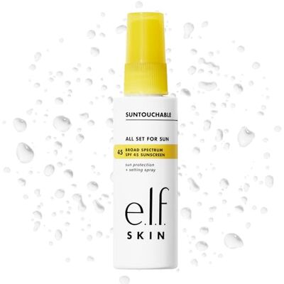 e.l.f. SKIN All Set For Sun SPF 30: Fixeerspray met SPF 30 voor langdurige make-up; lichte, vetvrije formule, veganistisch en dierproefvrij gecertificeerd. e.l.f. SKIN All Set For Sun SPF 30: Fixeerspray met SPF 30 voor langdurige make-up; lichte, vetvrije formule, veganistisch en dierproefvrij gecertificeerd.