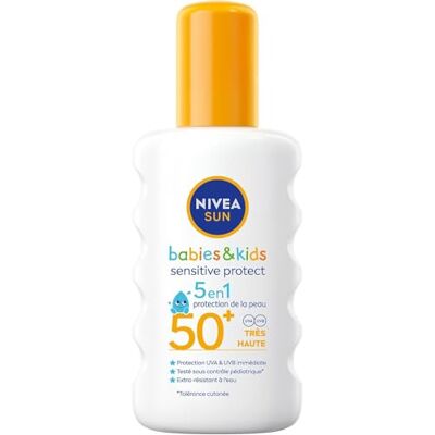 NIVEA SUN Kids Protect & Play Sensitive zonnebrandspray SPF 50+ (1 x 200 ml), geurvrij en extreem waterbestendig, zonnebrandcrème verrijkt met aloë vera NIVEA SUN Kids Protect & Play Sensitive zonnebrandspray SPF 50+ (1 x 200 ml), geurvrij en extreem waterbestendig, zonnebrandcrème verrijkt met aloë vera