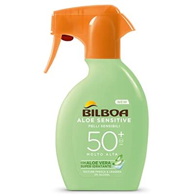 Bilboa , Zonwering voor het lichaam Aloë Sensitive Trigger SPF 50+ zonnespray voor de gevoelige huid, formule met aloë vera, alcoholvrij, waterbestendig, 250 ml Bilboa , Zonwering voor het lichaam Aloë Sensitive Trigger SPF 50+ zonnespray voor de gevoelige huid, formule met aloë vera, alcoholvrij, waterbestendig, 250 ml