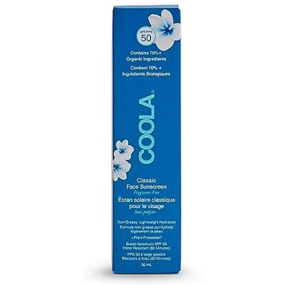 COOLA Lotion Solaire Visage SPF50 Sans Parfum 50 ml, Protection haute performance + éco-responsable, Testée sous contrôle dermatologique, Adaptée aux peaux sensibles + résistante à l'eau COOLA Lotion Solaire Visage SPF50 Sans Parfum 50 ml, Protection haute performance + éco-responsable, Testée sous contrôle dermatologique, Adaptée aux peaux sensibles + résistante à l'eau