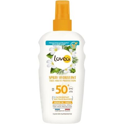 Lovea Hydraterende spray SPF 50+ Zeer hoge bescherming tegen de zon voor gezicht en lichaam Monoï de Tahiti UVA/UVB-bescherming Waterbestendig & Anti-witte vlekken Veganistisch Gemaakt in Frankrijk 150 ml Lovea Hydraterende spray SPF 50+ Zeer hoge bescherming tegen de zon voor gezicht en lichaam Monoï de Tahiti UVA/UVB-bescherming Waterbestendig & Anti-witte vlekken Veganistisch Gemaakt in Frankrijk 150 ml