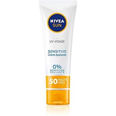 NIVEA SUN UV VISAGE Sensitive Kalmerende crème SPF 50 (1 x 50 ml), formule voor de gevoelige huid, onmiddellijke zonwering zonder parfum en vetvrij NIVEA SUN UV VISAGE Sensitive Kalmerende crème SPF 50 (1 x 50 ml), formule voor de gevoelige huid, onmiddellijke zonwering zonder parfum en vetvrij