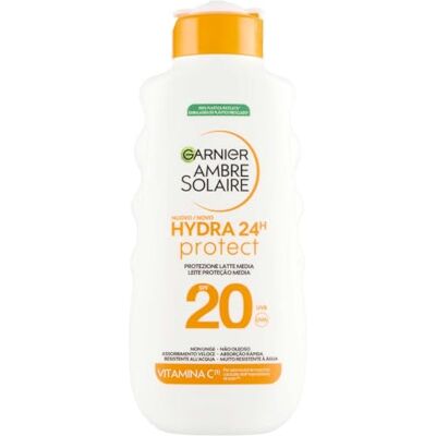 Garnier Ambre Solaire Hydra 24H Protect melk SPF20 175 ml vetvrij waterbestendig vitamine E goedgekeurd door Cruelty-Free International Garnier Ambre Solaire Hydra 24H Protect melk SPF20 175 ml vetvrij waterbestendig vitamine E goedgekeurd door Cruelty-Free International