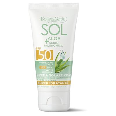 Bottega Verde SOL Aloë hyaluronzuur zonnecrème voor het gezicht super hydraterend met hypergefermenteerd aloë sap en hyaluronzuur hoge bescherming SPF50 (50 ml) waterbestendig Bottega Verde SOL Aloë hyaluronzuur zonnecrème voor het gezicht super hydraterend met hypergefermenteerd aloë sap en hyaluronzuur hoge bescherming SPF50 (50 ml) waterbestendig