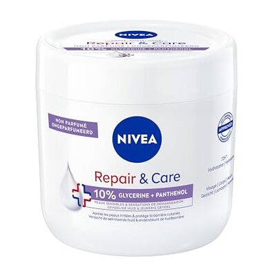 NIVEA REPAIR & CARE Reparatiebalsem voor gezicht, lichaam en handen, droge en gevoelige huid (1 x 400 ml), glycerine en panthenol, anti-jeuk, hydraterende lichaamsverzorging, niet geparfumeerd, 72 uur NIVEA REPAIR & CARE Reparatiebalsem voor gezicht, lichaam en handen, droge en gevoelige huid (1 x 400 ml), glycerine en panthenol, anti-jeuk, hydraterende lichaamsverzorging, niet geparfumeerd, 72 uur