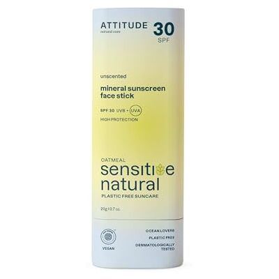 ATTITUDE Mineral Sunscreen Face Stick for Sensitive Skin, SPF 30, EWG Geverifieerd, Plastic-Free, Broad Spectrum UVA/UVB Bescherming met Zinkoxide, Dermatologisch getest, Veganistisch, Unscented, 20 g ATTITUDE Mineral Sunscreen Face Stick for Sensitive Skin, SPF 30, EWG Geverifieerd, Plastic-Free, Broad Spectrum UVA/UVB Bescherming met Zinkoxide, Dermatologisch getest, Veganistisch, Unscented, 20 g