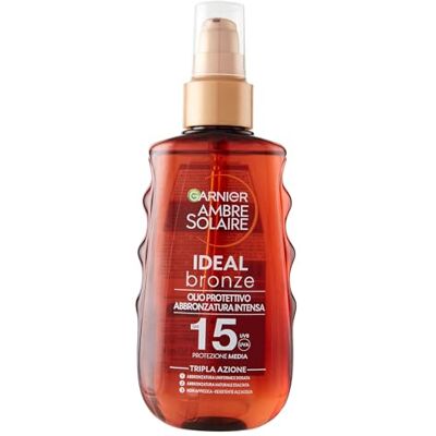 Garnier Beschermende olie bruiningsspray, gemiddelde bescherming SPF 15+, gouden en intensieve bruining, zonbeschermde en omarmde huid, waterbestendig, zonnebarnsteen, ideaal brons, 150 ml Garnier Beschermende olie bruiningsspray, gemiddelde bescherming SPF 15+, gouden en intensieve bruining, zonbeschermde en omarmde huid, waterbestendig, zonnebarnsteen, ideaal brons, 150 ml