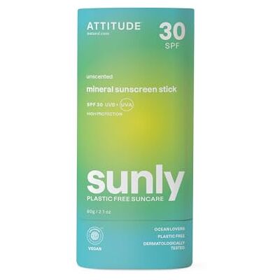 ATTITUDE Mineral Sunscreen Stick met zinkoxide, SPF 30, EWG geverifieerd, plasticvrij, breed spectrum UVA/UVB-bescherming, dermatologisch getest, veganistisch, ongemarkeerd, 60 g ATTITUDE Mineral Sunscreen Stick met zinkoxide, SPF 30, EWG geverifieerd, plasticvrij, breed spectrum UVA/UVB-bescherming, dermatologisch getest, veganistisch, ongemarkeerd, 60 g