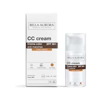 BELLA AURORA CC Cream SPF50+ Medium Tone 30ml Bescherming, depigmentatie, egaliseert · SPF50+ UVA, UVB, IR en HEV · Onmiddellijk goed gezichtseffect · Waterbestendig BELLA AURORA CC Cream SPF50+ Medium Tone 30ml Bescherming, depigmentatie, egaliseert · SPF50+ UVA, UVB, IR en HEV · Onmiddellijk goed gezichtseffect · Waterbestendig